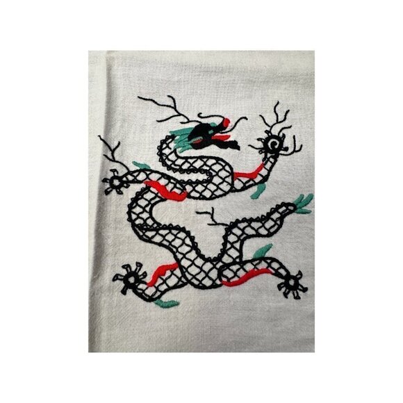 Vintage Embroidered Dragon Tablecloth - Intricate Asian-Inspired Design 34"x37" - Picture 3 of 8